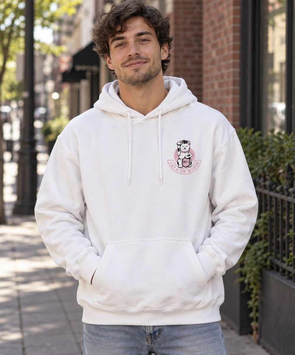 Cats of Kyoto Hoodie XL White Japanese Lucky Cat Graphic Pullover Sweatshirt